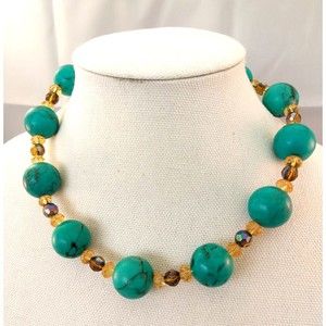 Genuine Turquoise 20mm Bead Statement Necklace w/crystal facetted beads in Ambar